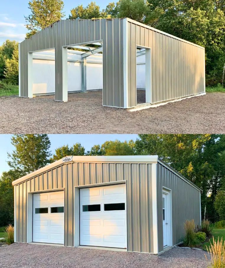 Pre-engineered steel garage shown as a bare frame and then finished with two white overhead doors
